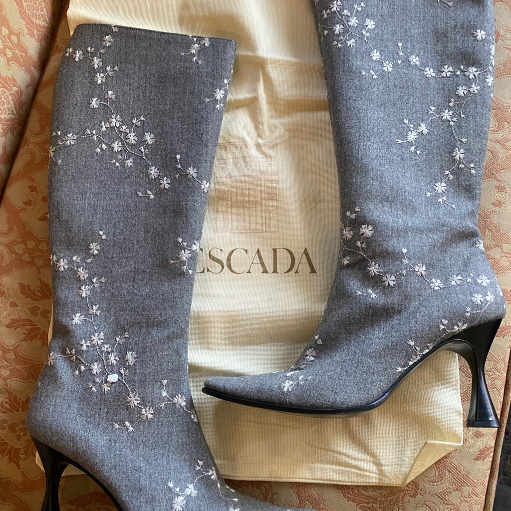 Escada Grey/White Floral Embroidered Square Toe Tall Boots